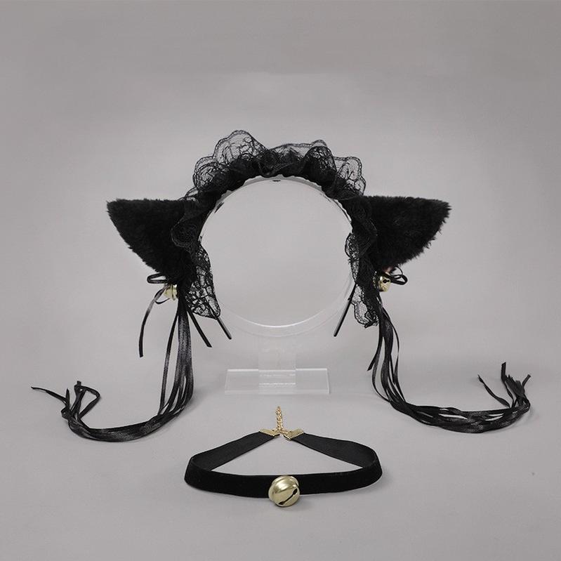 Handmade Cat's Ears Hair Hoop Bell Collar Set Cosplay Props