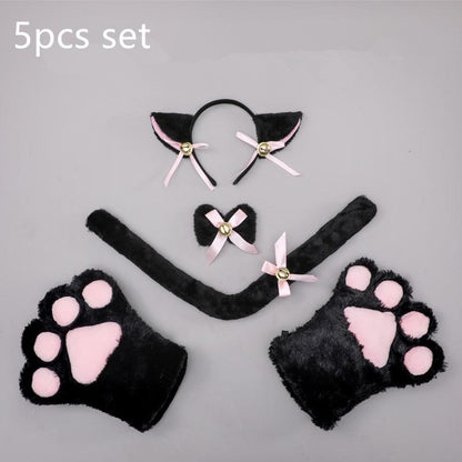 Lovely Plush Cat Ear Hairband Paw Gloves and Tail Cosplay Set