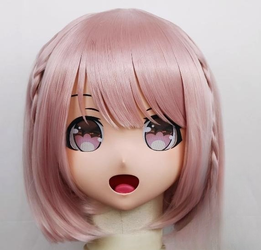 Female Light Pink Short Wig Anime Face Kigurumi Mask
