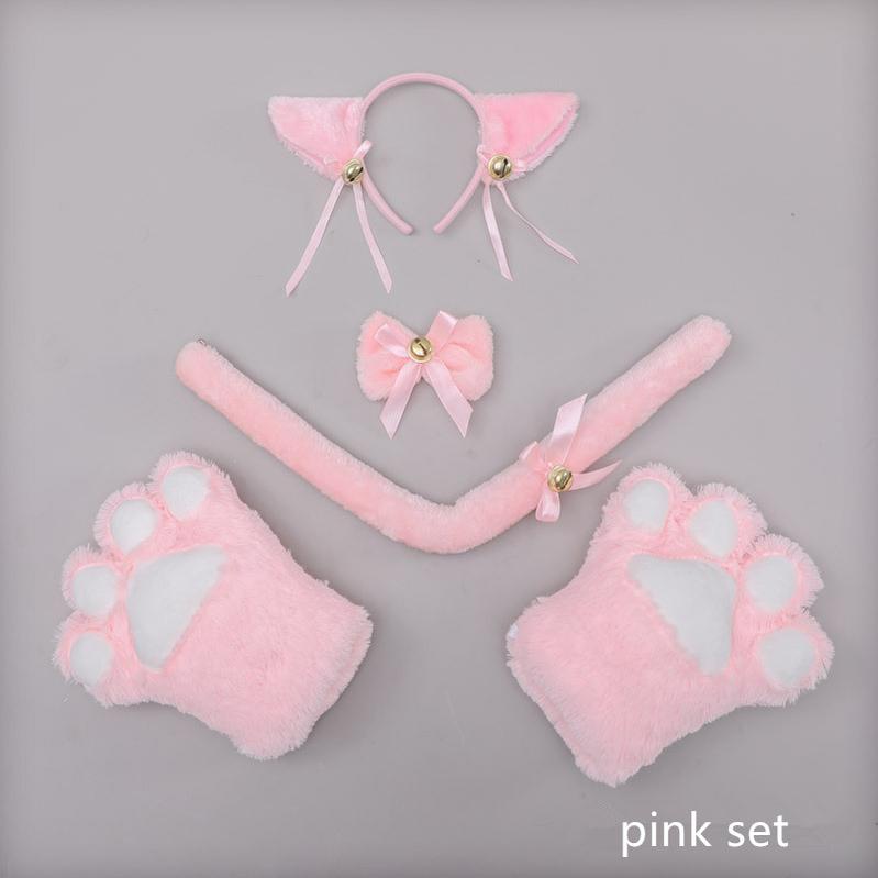 Lovely Plush Cat Ear Hairband Paw Gloves and Tail Cosplay Set