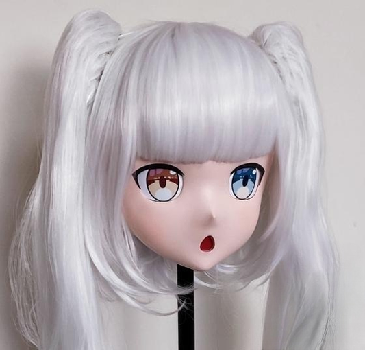 Female White Long Cute Wig Anime Face Kigurumi Mask