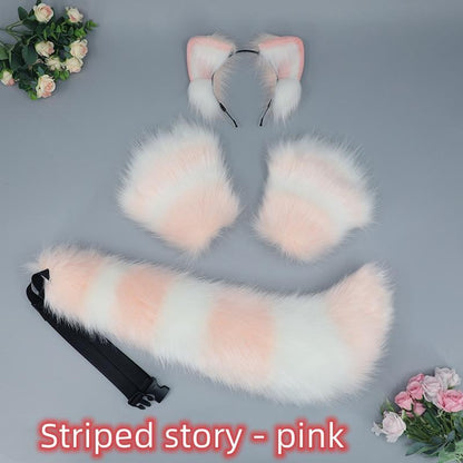 Plush Beast Ears Hairband Wolf Tail Open Finger Gloves Set