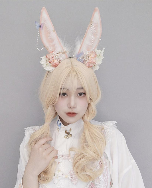 Japanese Style Flower Pearl Furry Rabbit Ears Hairband 20282:280506