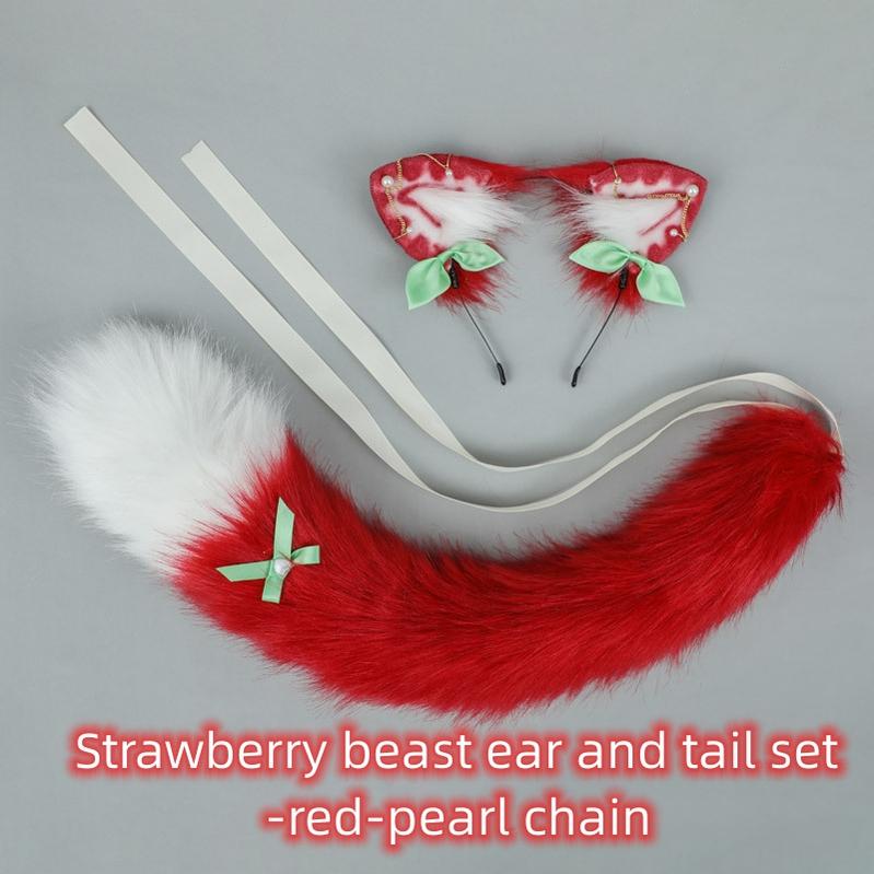 Handmade Strawberry Pearl Chain Animal Ears Hairband Beast Tail Set