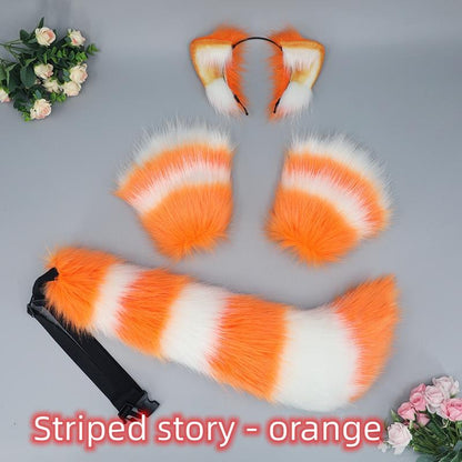 Plush Beast Ears Hairband Wolf Tail Open Finger Gloves Set