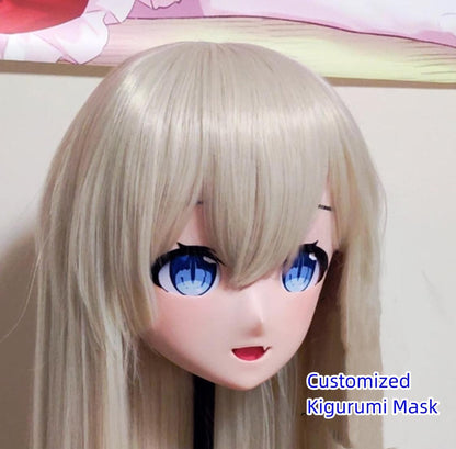 Female Platinum-blond M-shape Bang Long Wig 3D Printing Resin Full Head Kigurumi Mask 19112:277362