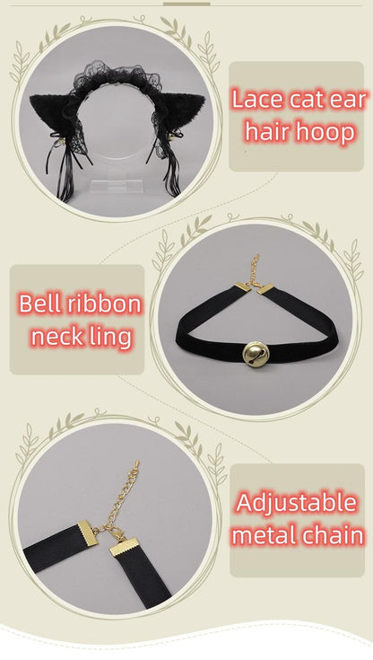 Handmade Cat's Ears Hair Hoop Bell Collar Set Cosplay Props