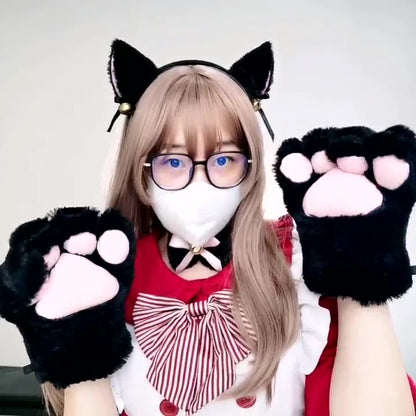 Lovely Plush Cat Ear Hairband Paw Gloves and Tail Cosplay Set