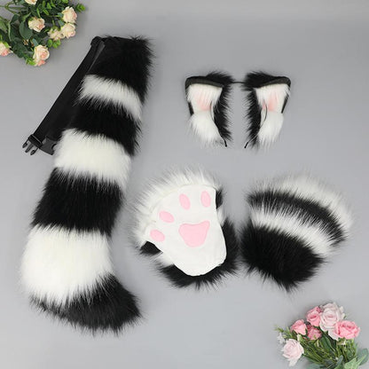 Plush Beast Ears Hairband Wolf Tail Open Finger Gloves Set