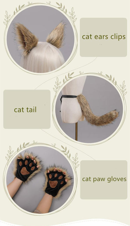 Halloween Animal Ears Hairclips Tail and Paw Gloves Set