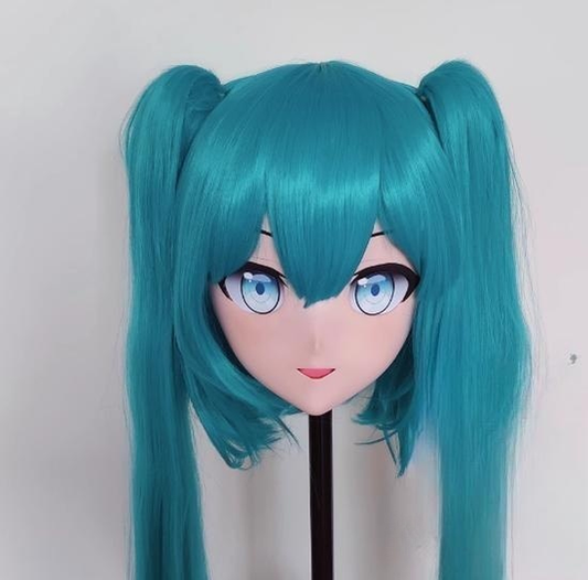 Female Blue Long Wig Anime Face Kigurumi Mask