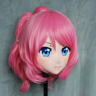 Female Pink Short Wig Anime Face Kigurumi Mask 19092:271268