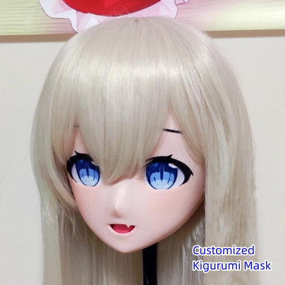 Female Platinum-blond M-shape Bang Long Wig 3D Printing Resin Full Head Kigurumi Mask 19112:277344