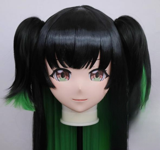 Female Black-green Gradient Long Wig Anime Face Kigurumi Mask