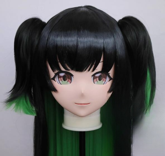 Female Black-green Gradient Long Wig Anime Face Kigurumi Mask (3) 19150:271672