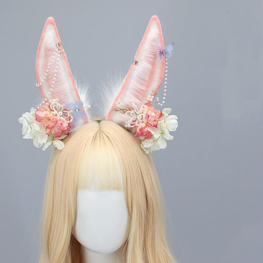Japanese Style Flower Pearl Furry Rabbit Ears Hairband