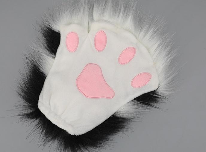 Plush Beast Ears Hairband Wolf Tail Open Finger Gloves Set